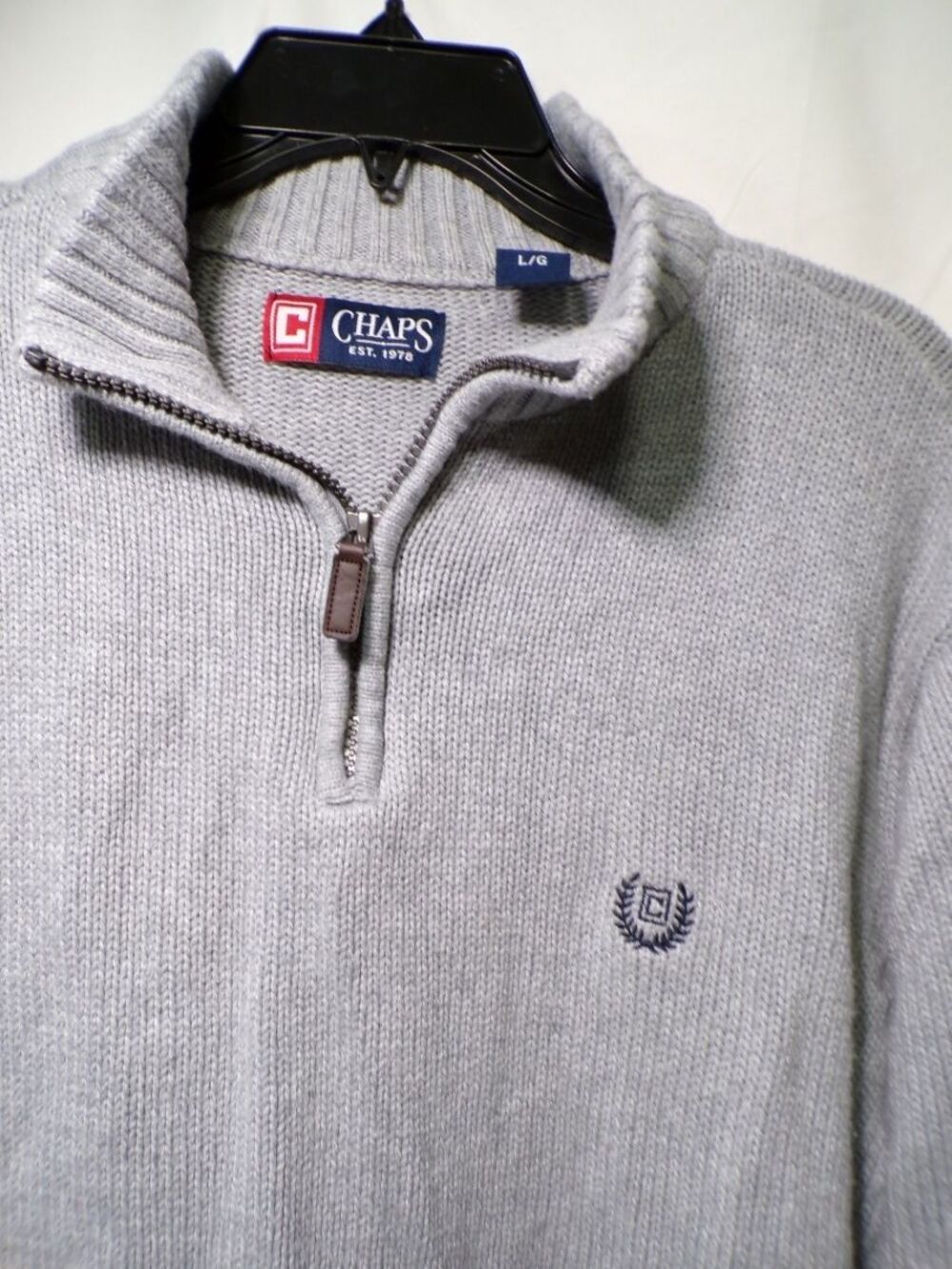 Chaps Men's Large 1/4 Zip Mock Neck Cotton Sweater Light Gray L - Picture 2 of 5